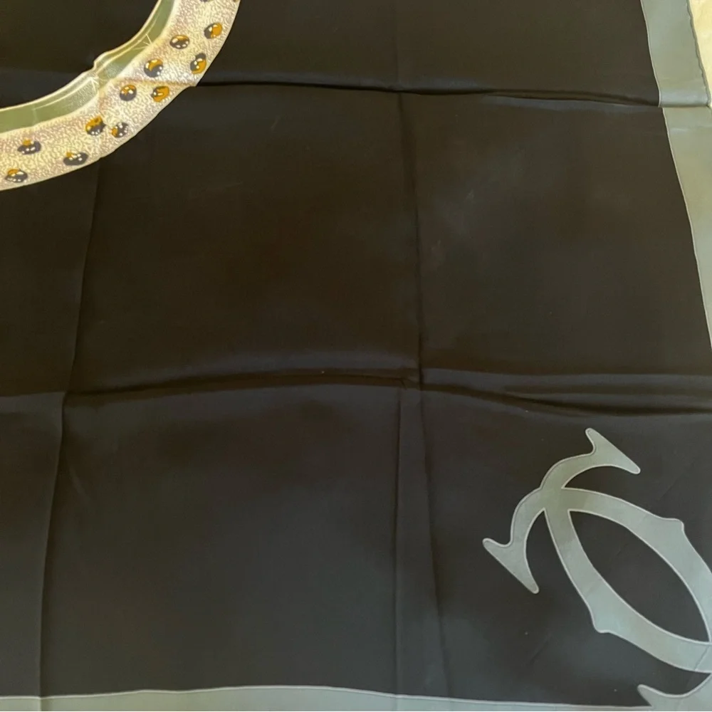 Cartier Jeweled Panther Silk Scarf Black Twill, with Box Vintage 1980s